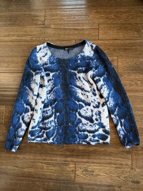 Maje Blue, White & Black Patterned Fuzzy Sweater